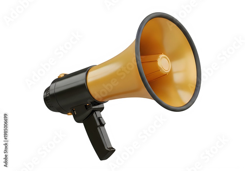 Orange handheld megaphone for amplifying sound messages isolated on transparent background