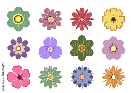 Set of flat vector flower icons. Minimalist floral design elements for patterns, spring branding, wedding invitations, and greeting cards. Isolated