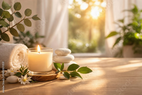 Ambiente rilassante domestico con candela e pietre zen. Generative AI 