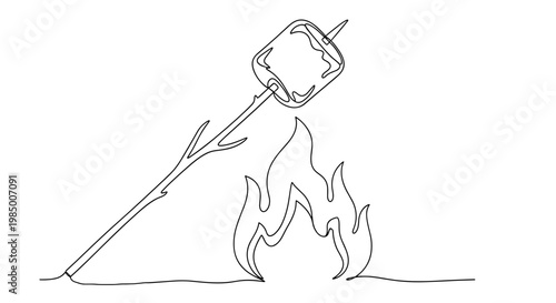 Toasting marshmallow on wooden twig in minimalist continuous line art style, black ink contour on transparent background, outdoor camping dessert and wilderness campfire recreation