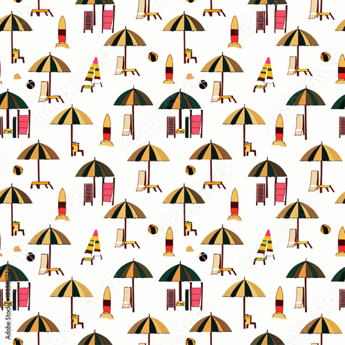  Patrón sin costuras con sombrillas y accesorios de playa en estilo simple.
