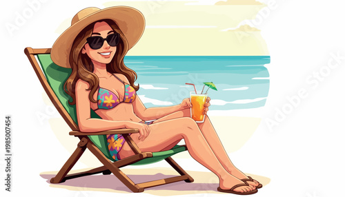 Vsai woman relaxing at beach holding refreshing summer drink