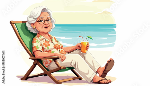 Vsai senior woman enjoying tropical beach vacation relaxing with a drink