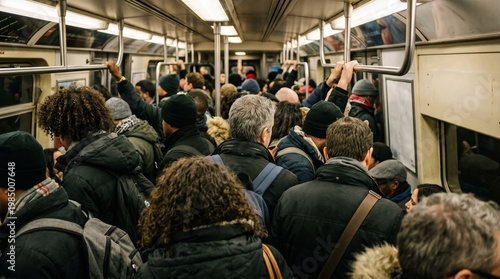 Crowded subway carriage during rush hour, urban commuting scene with packed passengers and public transport concept