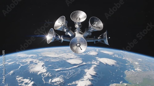 Shining Communications Array Floating Near Earth With Sunlit Antennas In A Futuristic Space Showcase