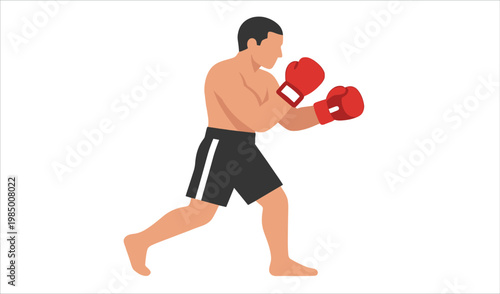 Muscular boxer athlete practicing combat sports in red gloves on white background