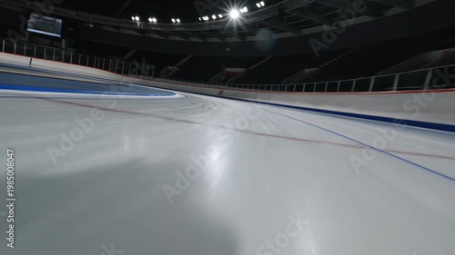 POV On A High Speed Ice Curve Inside Stadium With Icy Spray And Dramatic Reflections