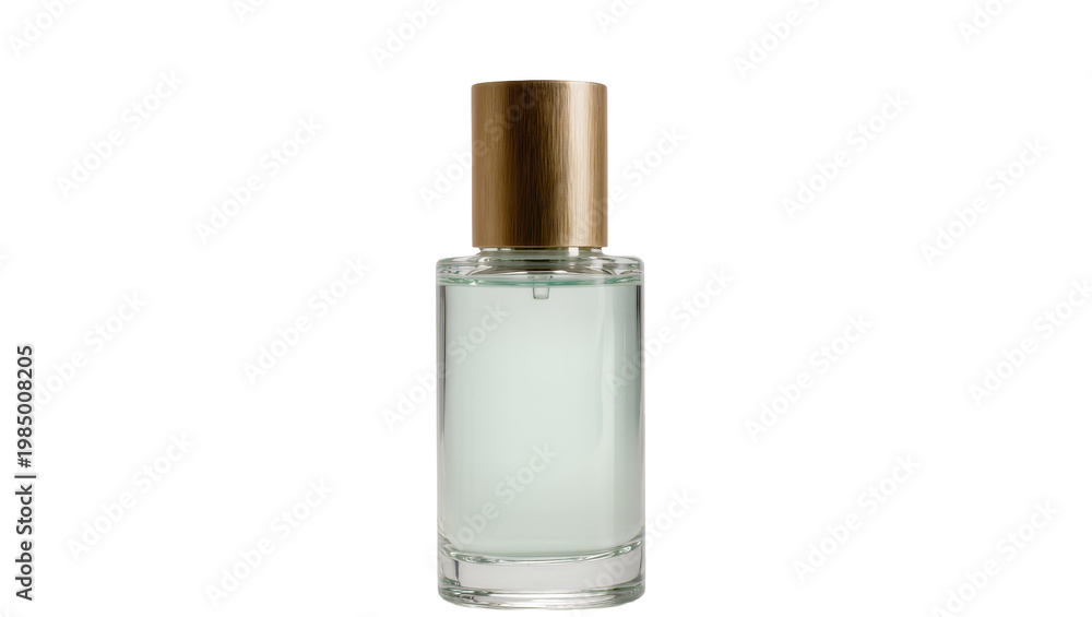 Naklejka premium Clear glass perfume bottle with golden cap, isolated on transparent background