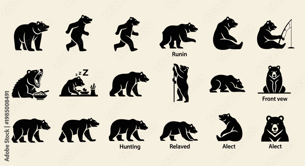Fototapeta premium Collection of Diverse Bear Silhouettes in Various Poses and Actions.
