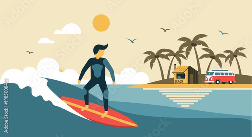 Surfer rides a wave on a surfboard with a tropical island, palm trees, and a beach hut in the background, conveying a sense of summer vacation and adventure