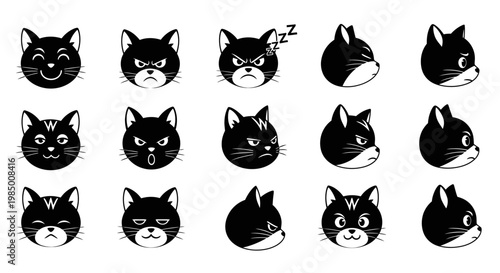 Black Cat Faces with Various Expressions and Poses.