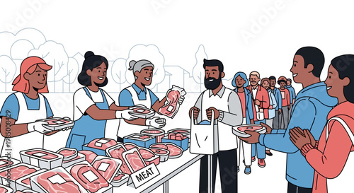 People shopping for fresh meat at a bustling outdoor market stall with a variety of cuts on display