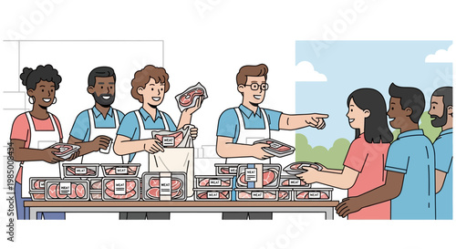 Group of diverse people working at a meat counter, selling fresh packaged steaks to customers, representing food distribution and grocery retail