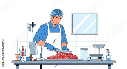 Expert butcher at work, precisely preparing raw red meat with a sharp knife on a sanitary table in a modern meat processing shop