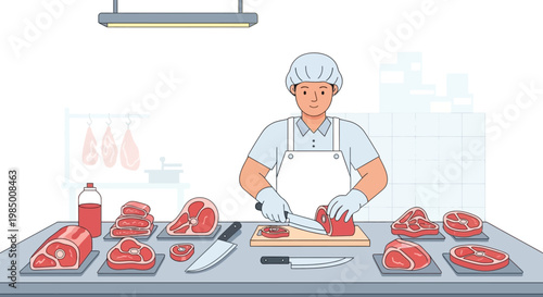 Butcher slicing fresh meat cuts in a clean shop, showcasing variety of beef and pork, professionally prepared for customers