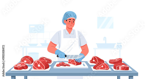 Butcher preparing meat cuts on a table in a clean, well-lit workspace, showcasing expertise in meat preparation and professional butchery