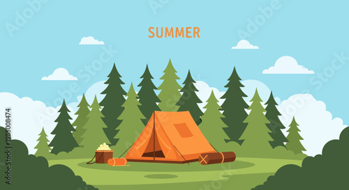Summer camping scene illustration with an orange tent surrounded by green pine trees, evoking peaceful outdoor adventures and natural tranquility