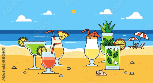 A vibrant collection of refreshing cocktails set against a serene summer beach backdrop, perfect for tropical getaways and leisurely vacation moments
