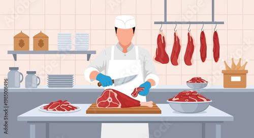 Skilled butcher meticulously slicing and preparing fresh red meat on a wooden chopping board in a clean, organized shop environment, showcasing traditional culinary craftsmanship