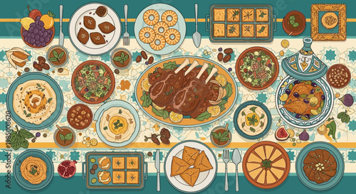 A vibrant culinary tapestry Lavish Middle Eastern feast illustration, featuring roasted lamb, hummus, and traditional delicacies, perfect for communal dining