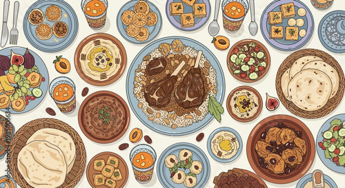 Vibrant top-down view of a traditional Middle Eastern or Mediterranean feast, showcasing a rich variety of delicious dishes, appetizers, desserts, and drinks laid out for a festive gathering