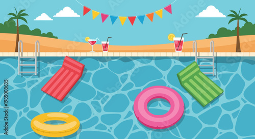 Vibrant illustration of a cheerful summer pool party scene, featuring colorful floats, tropical drinks, and festive decorations, perfect for a relaxing vacation mood