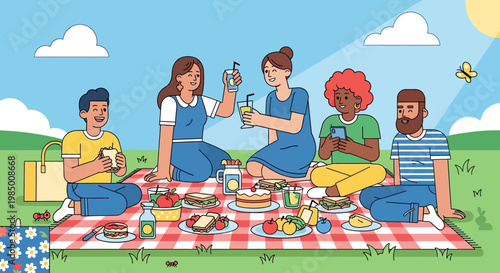 A diverse group of people enjoying a delightful picnic spread on a checkered blanket outdoors on a sunny day
