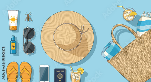 Summer vacation essentials laid out on a blue background, including a straw hat, sunglasses, flip-flops, sunscreen, and a beach bag with drinks and a towel