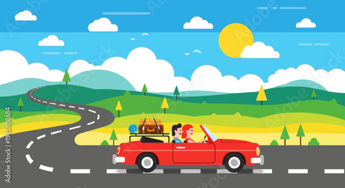 Road trip adventure with a couple in a red convertible enjoying a scenic drive through rolling hills under a sunny sky