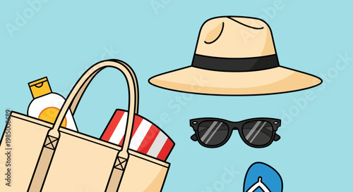Prepare for a delightful summer escape with essential beach accessories, featuring a chic straw hat, classic sunglasses, and a spacious tote bag ready for your ultimate holiday adventure