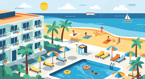 Flat illustration of a lively tropical beach resort scene with a modern hotel, refreshing swimming pool, and people enjoying a vibrant summer vacation by the ocean