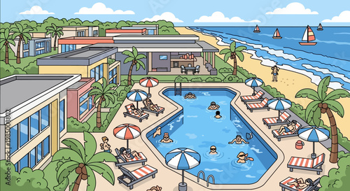 A vibrant illustration of a bustling summer resort with a sparkling pool, sunbathers, and ocean fun for a perfect holiday escape