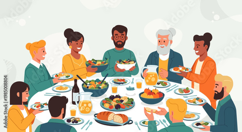 Diverse group of people gathered around a large oval table sharing a meal and enjoying each other's company, creating a warm and communal atmosphere