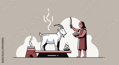 Stylized Illustration of an Ancient Ritual Sacrifice, Featuring a Priest Preparing a Goat Offering on a Stone Altar During a Spiritual Ceremony