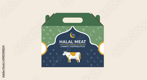 Illustrated Halal Meat Charity Distribution Box with Islamic Motifs, symbolizing religious giving and community support during festive seasons or aid efforts