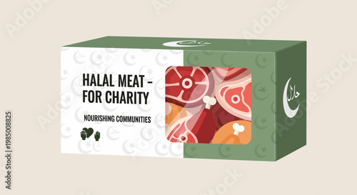 Illustrative Package Design for Halal Meat, Promoting Community Support and Charitable Food Donations with Islamic Symbolism