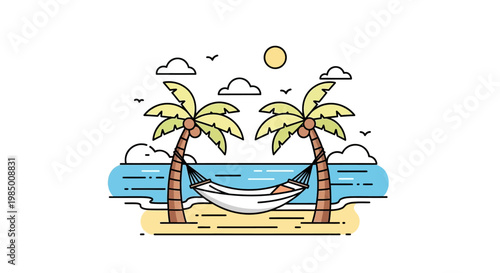 Line art illustration of a tropical beach, with a person relaxing in a hammock between two palm trees by the ocean. Summer vacation, escape, and leisure concept