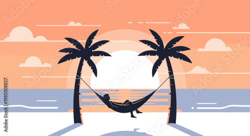 Tropical beach sunset with a person relaxing in a hammock between palm trees, depicting ultimate vacation serenity and an idyllic escape concept