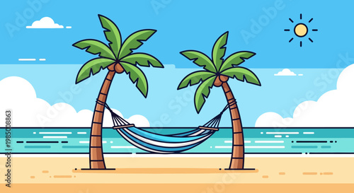 A serene tropical beach scene with two swaying palm trees and a comfortable hammock gently inviting a moment of blissful relaxation under the warm summer sun