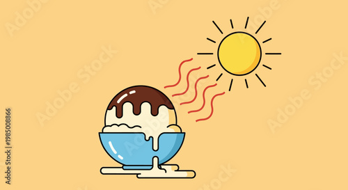 An illustration of ice cream melting under the sun's heat, symbolizing the summer season