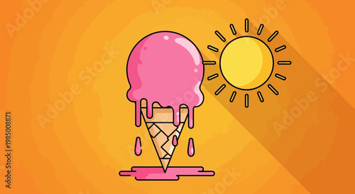 A vibrant illustration of a melting ice cream cone under a shining sun, representing summer heat and frozen dessert enjoyment