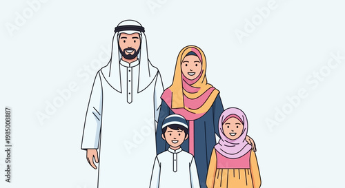 Illustrative portrait of a happy Middle Eastern family dressed in traditional garments, reflecting cultural pride and the warmth of family life