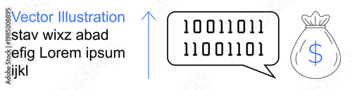 Cryptocurrency, financial technology, digital payments, data exchange, coding, fintech trends. A speech bubble with binary code next to a money bag with a dollar sign. Cryptocurrency and financial
