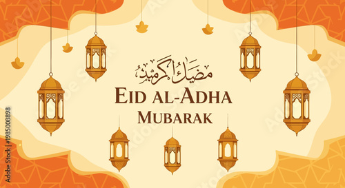 Festive Eid al-Adha Mubarak Greeting Card Design with Traditional Islamic Lanterns and Ornate Patterns on an Orange Background