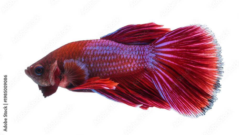 Fototapeta premium Vibrant red and purple Betta fish with flowing fins, isolated on transparent background