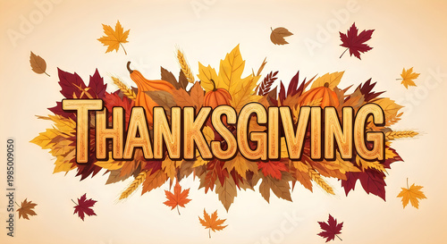 Festive thanksgiving day greeting with colorful autumn leaves and bold typography