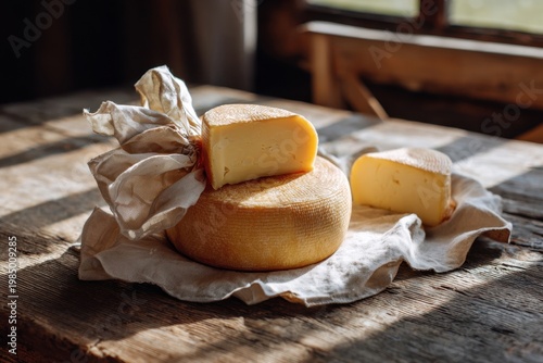 A round of aged Gouda with a cheesecloth wrapping, partially unwrapped, rustic wooden table, afternoon light, Dutch cheese market aesthetic