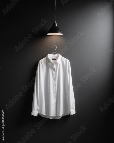 A single white oversized shirt hanging on a wire hanger against a matte black wall, dramatic spotlight from above creating a crisp shadow below