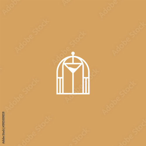 Minimalist company logo in the hotel and restaurant sector with a symbol of a glass and a basket of luxury goods, abstract design