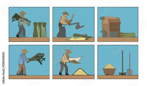 Rice threshing farming process flat vector